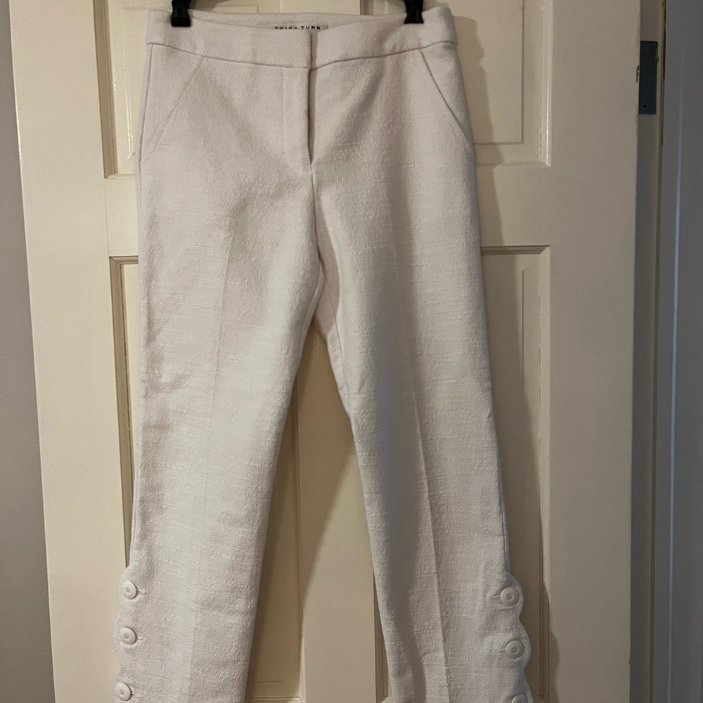 NWT Trina Turk White Textured Straight-Leg Pants with Button Hem Detail